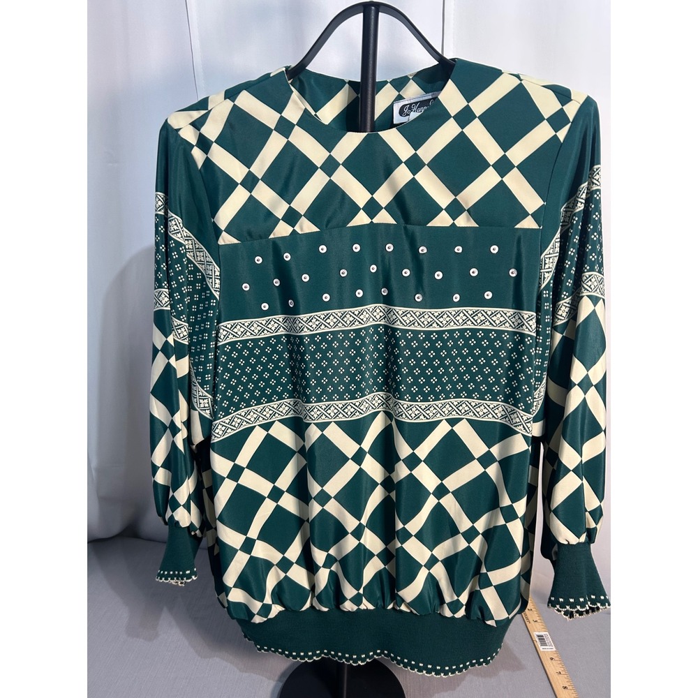 Jo Hanna York Joan Davis Vintage Green Geometric Diamond Print Blouse Top L